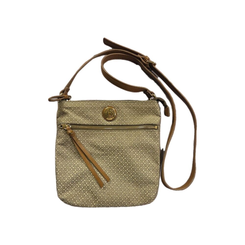 Tommy Hilfiger Women's Crossbody Zip Close‎ Bag Purse Logo Taupe/Beige Pockets